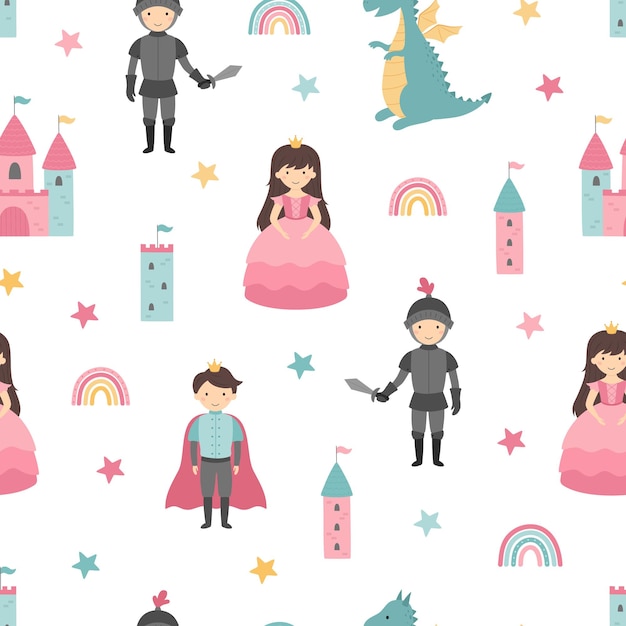 Vector seamless pattern with princess knight prince dragon castle rainbow