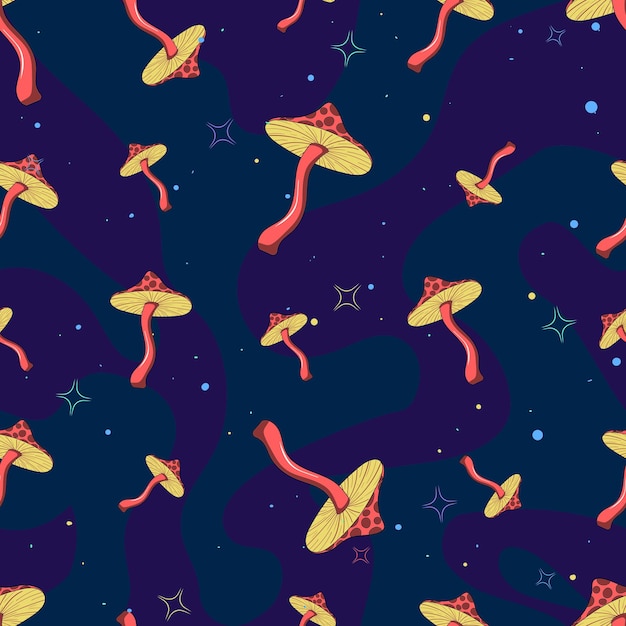 Seamless pattern with psychedelic hallucinogenic colorful fly agaric mushrooms in 70s hippie style on a dark abstract background