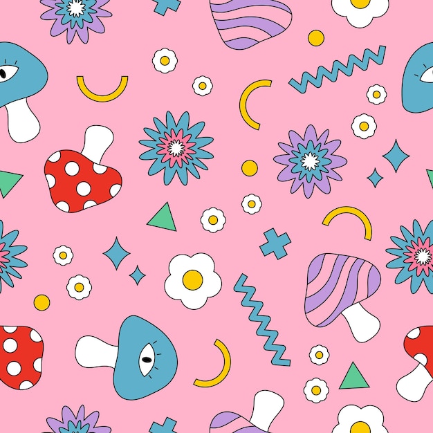 Seamless pattern with psychedelic mushrooms on pink background