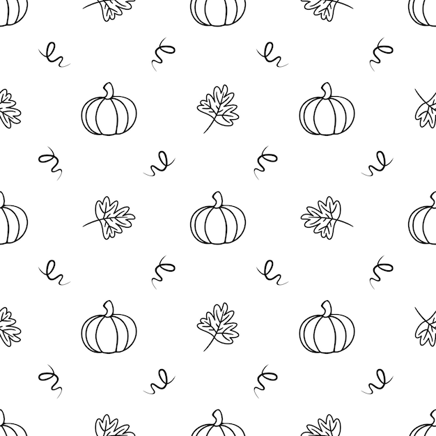 Vector seamless pattern with pumpkin and different elements. line illustration.