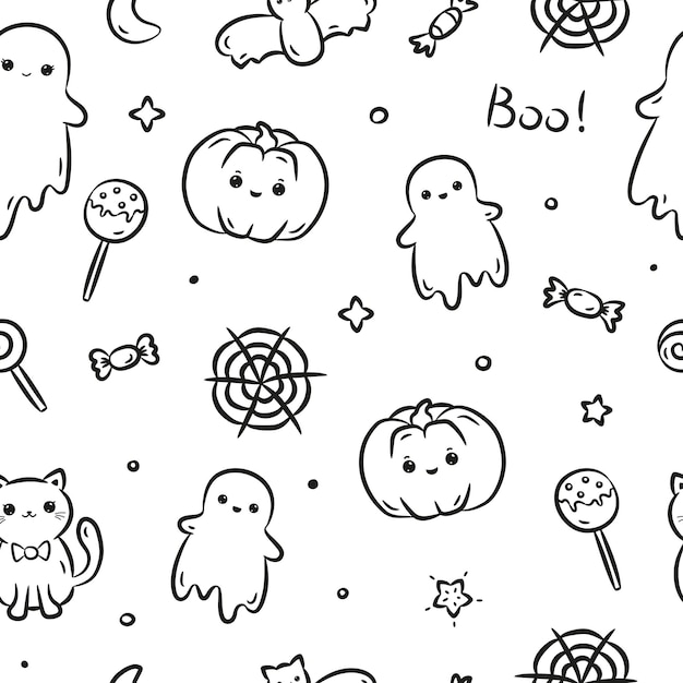 Seamless pattern with pumpkin ghosts bat cat moon web sweets and lettering boo Sute halloween black and white print for design background wrapping paper and web design Vector illustration