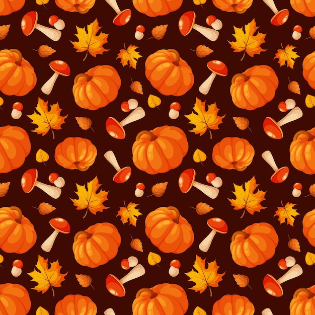 Seamless pattern with pumpkin mushrooms and autumn leaves on brown background