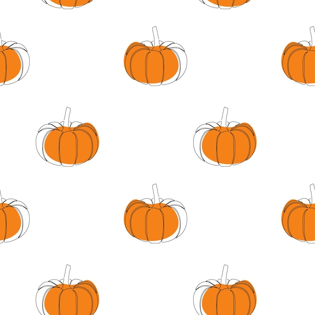 Seamless pattern with pumpkin on white background continuous one line drawing pumpkin black line art on white background with colorful spots vegan concept