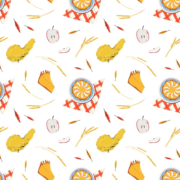 Vector seamless pattern with pumpkins, apple pies, pumpkin pies, apples, leaves and etc.