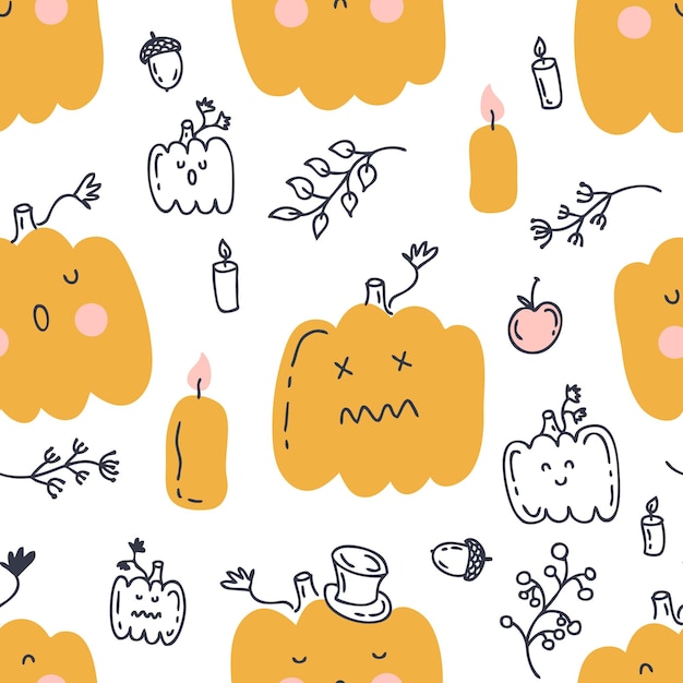 Seamless pattern with pumpkins and autumn elements Perfect for scrapbooking poster textile and prints Doodle vector illustration for decor and design