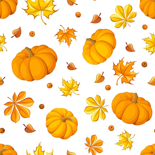 Vector seamless pattern with pumpkins autumn leaves and berries on white