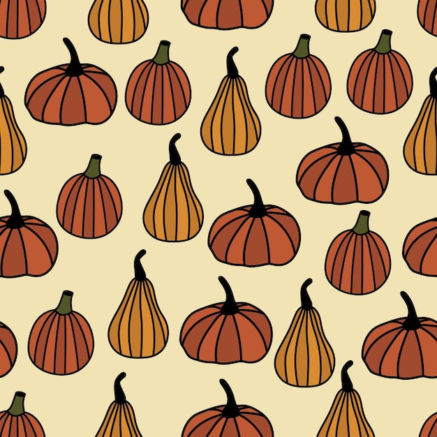 Seamless pattern with pumpkins. Hand drawn cozy print with pumpkins, vegetables. Thanksgiving