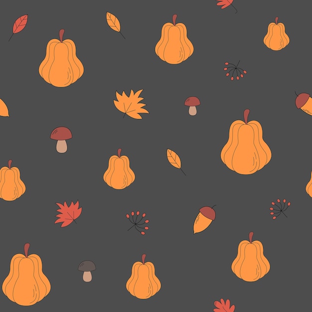 Seamless pattern with pumpkins leaves acorns mushrooms, Cute background for Thanksgiving Halloween