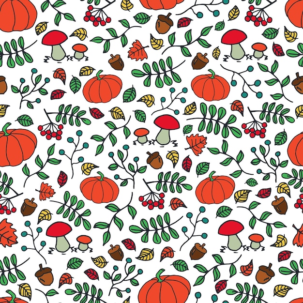 A seamless pattern with pumpkins and mushrooms.