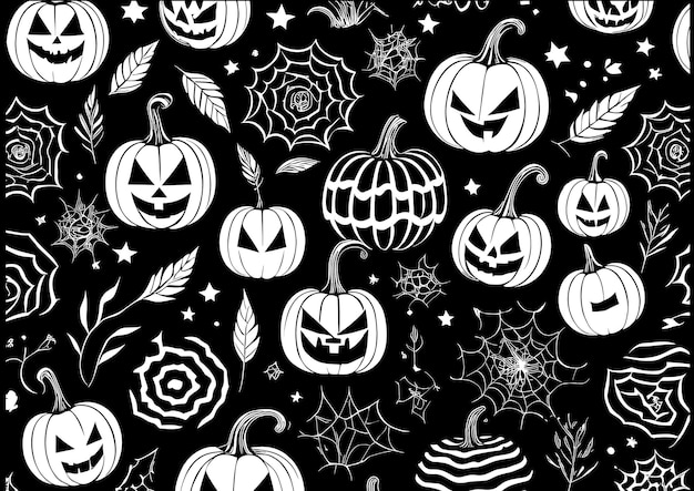 Seamless pattern with pumpkins spiders bats cobwebs and spiders on a black background