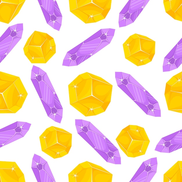 Бесшовный рисунок с фиолетовыми и оранжевыми волшебными кристаллами в простом минималистичном плоском стиле