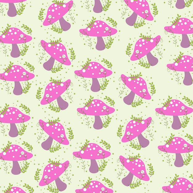 Seamless pattern with purple cartoon mushroom