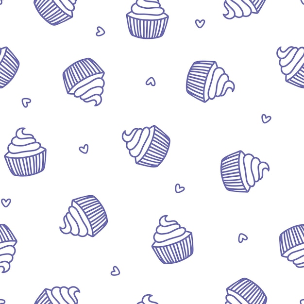 Vector seamless pattern with purple cupcakes and hearts