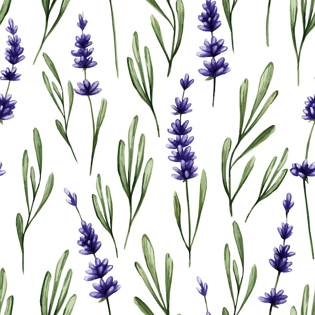 Motivo senza cuciture con lavanda viola e foglie verdi sfondo tenero primaverile con fiori lilla