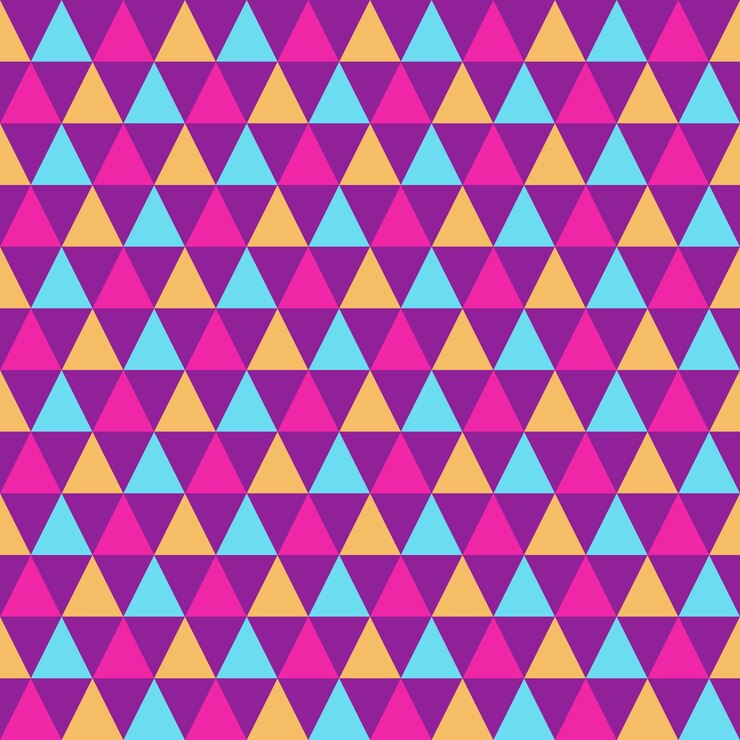 Vector seamless pattern with purple, orange and blue triangles