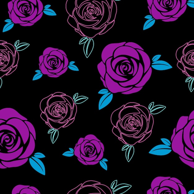 Vector seamless pattern with purple roses on a black background