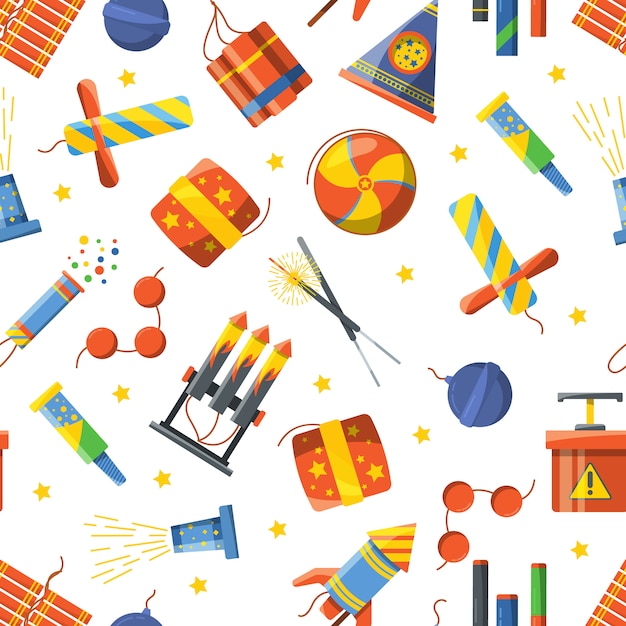 Seamless pattern with pyrotechnic tools, vector pattern firecracker and skyrocket, bomb and dynamite illustration