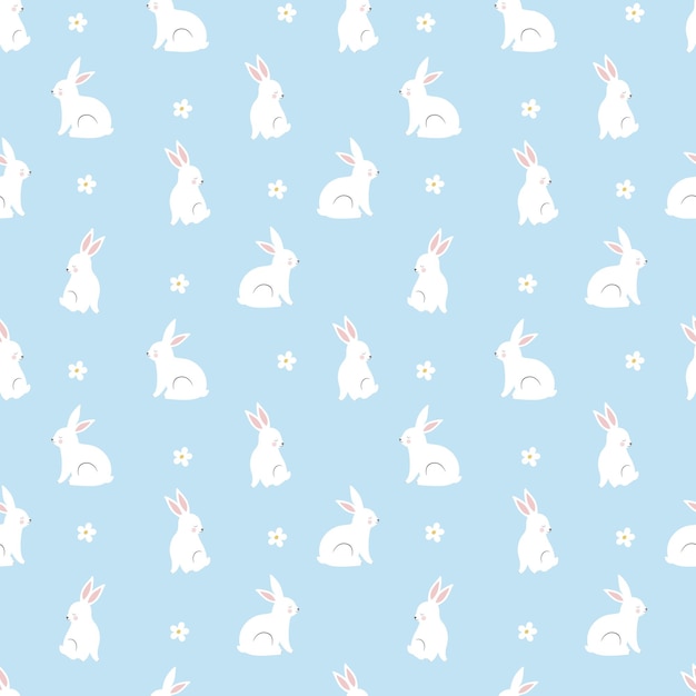 Seamless pattern with rabbit cartoons and daisy flower on blue background