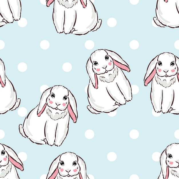 Seamless pattern with rabbit cartoons and polka dots on blue background vector illustration Cute childish print