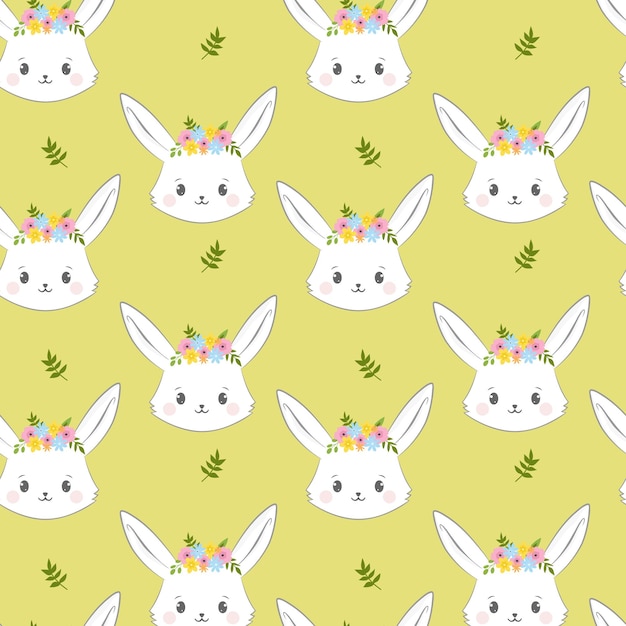 Seamless pattern with rabbit cartoons and simple flowers Rabbit head vector illustration