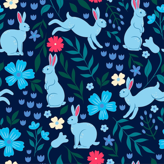 Seamless pattern with rabbits and flowers Vector graphics