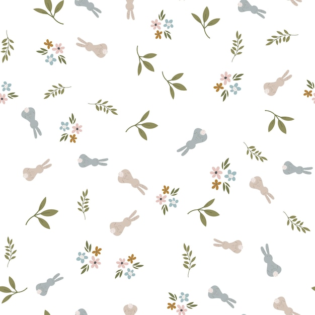 토끼와 함께 완벽 한 패턴입니다. 토끼, 부활절, 봄, 꽃. 유치한 귀여운 프린트. 벡터 그래픽.
