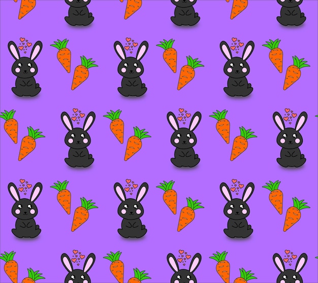 Seamless pattern with rabbits hearts and carrots on a purple background Cute baby print