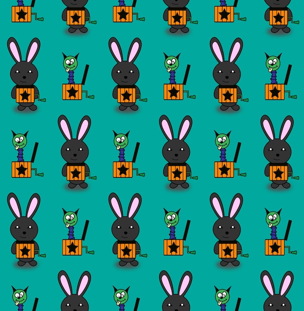 Seamless pattern with rabbits and a toy Jack in a box Cute baby print Vector illustration