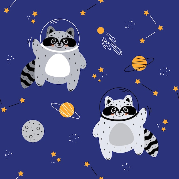 Seamless pattern with a raccoon in space, astronaut raccoon, raccoon flying in space