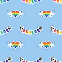 Vector seamless pattern with rainbow colored garland and heart lgbt sticker in doodle style