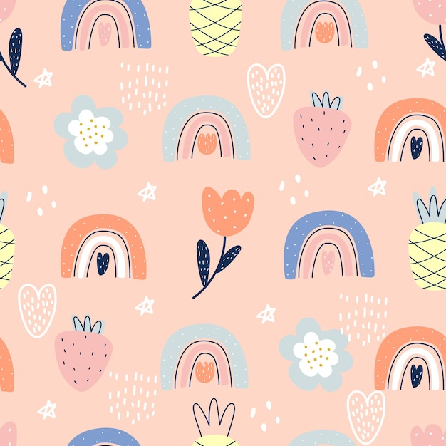 Seamless pattern with rainbow flowers and fruits vector illustration for printing