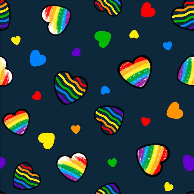 Motivo senza cuciture con cuori arcobaleno illustrazione colorata disegnata a mano simbolo lgbt