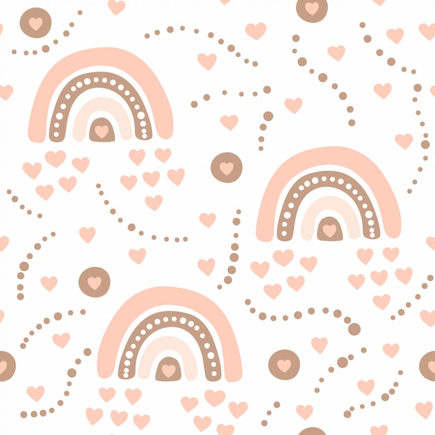 Seamless pattern with rainbow, hearts  in the sky.