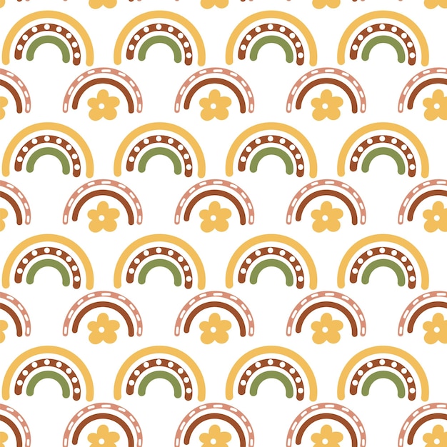 Vector seamless pattern with rainbow pattern with flowers in boho style.