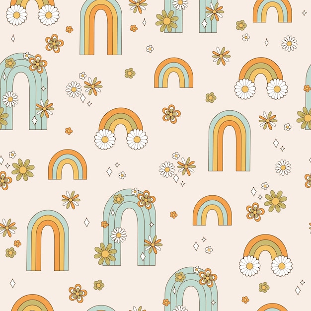 Modello senza cuciture con arcobaleno in stile retrò anni '70 sfondo con fiori colorati in stile vintage illustrazione con simbolo positivo per tessuti in tessuto carta da parati vettore