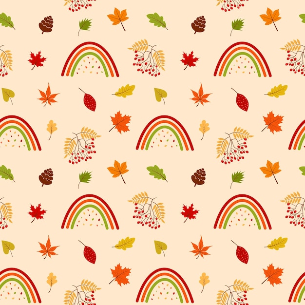 Seamless pattern with rainbow rowan pinecone and autumn leaves