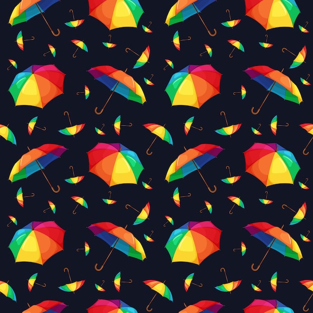 Vector seamless pattern with rainbow umbrellas on blue dark background