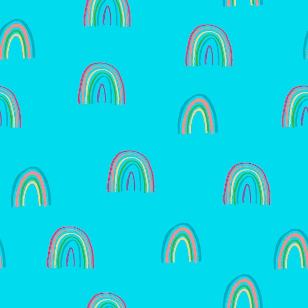 Seamless pattern with rainbows in childs drawing style on turquoise sky background