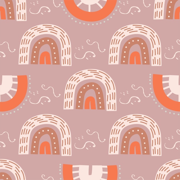 Vector seamless pattern with rainbows, clouds and stars. cute endless pattern for kids textiles in handdrawn organic style. vector illustration in flat style.