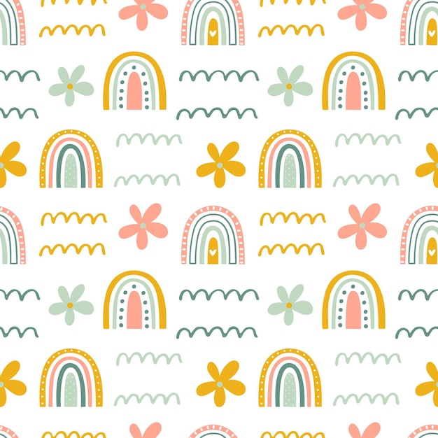 Vector seamless pattern with rainbows flowers and abstract geometric textures in cartoon flat style