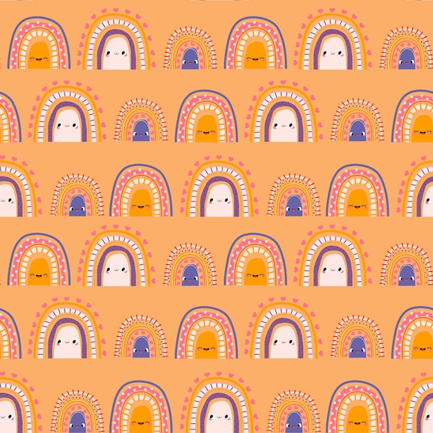 Seamless pattern with rainbows on a orange background