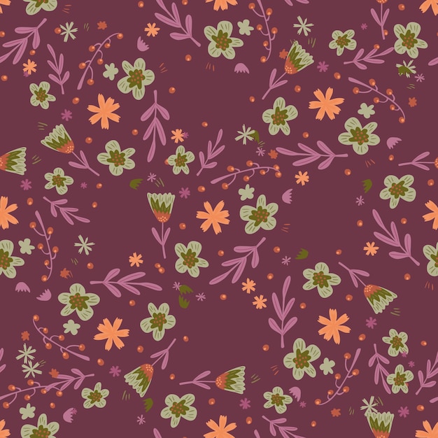 Seamless pattern with random botanic flowers and foliage ornament