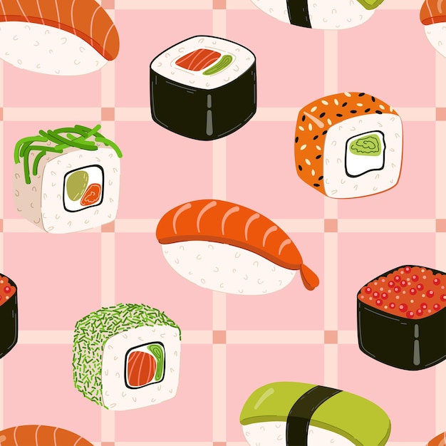 Vector seamless pattern with randomly shaped sushi