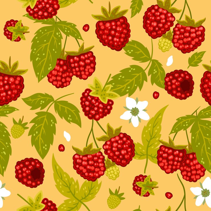 Vector seamless pattern with raspberries leaves and flowers vector graphics