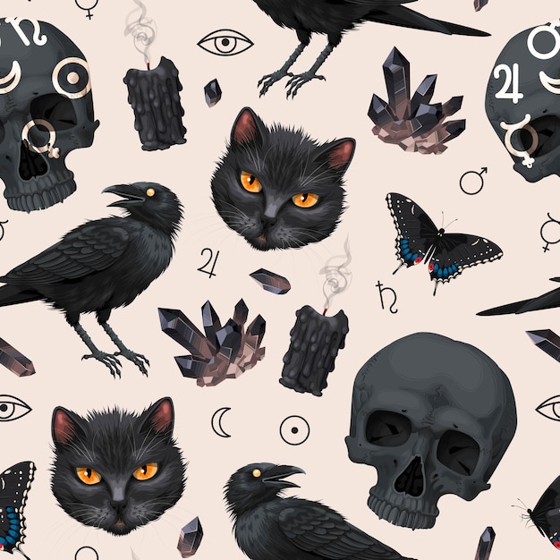 Seamless pattern with raven and black cat