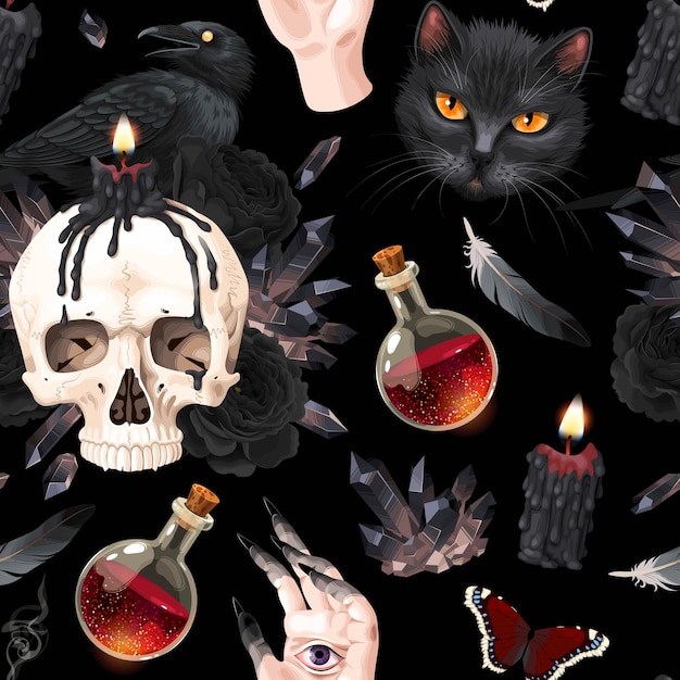 Бесшовный рисунок с вороном и черной кошкой