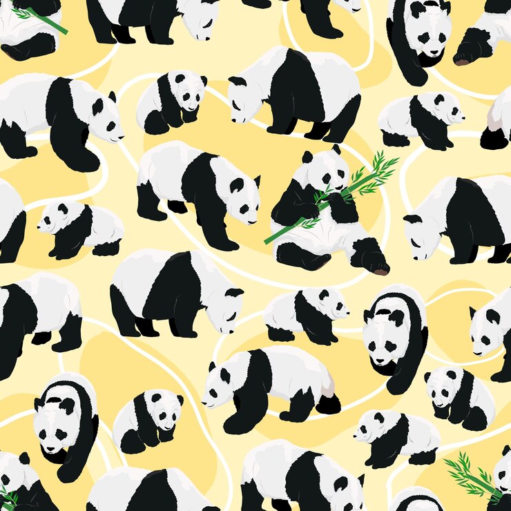 Seamless pattern with realistic adult giant pandas bears and their cubs