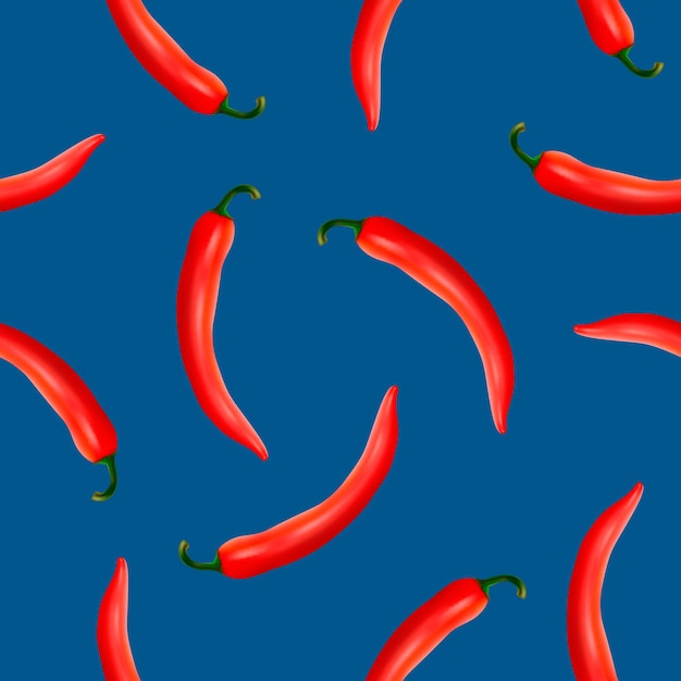 Seamless pattern with realistic red hot natural chili peppers on a blue background