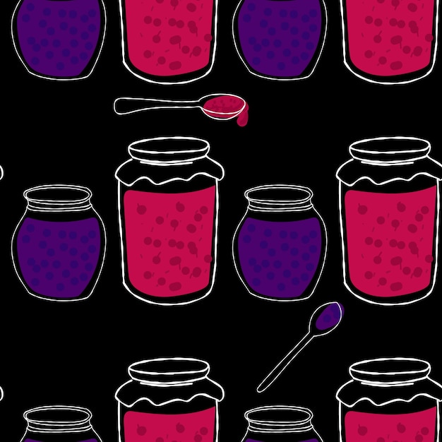 Seamless pattern with red and blue color jars of jam illustration on black background