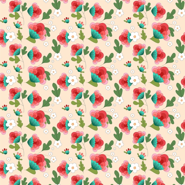 A seamless pattern with red and blue flowers on a beige background.